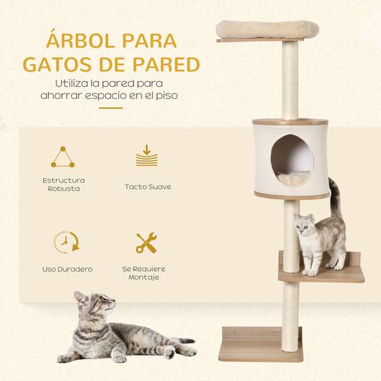 Arbre à Chat Mural avec Plateformes Grotte Couchage et Poteaux en Sisal 38x30x149cm Beige et Chêne - Image 6