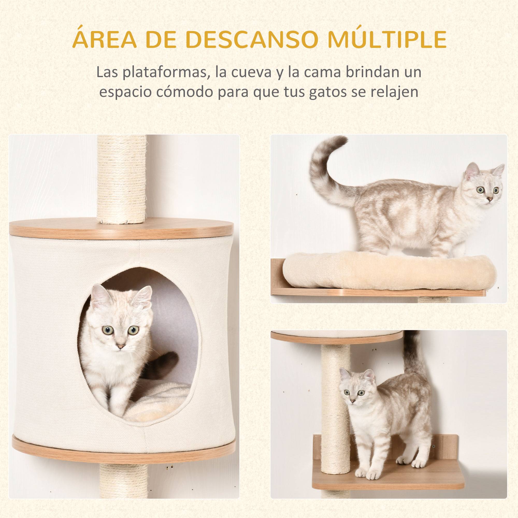 Arbre à Chat Mural avec Plateformes Grotte Couchage et Poteaux en Sisal 38x30x149cm Beige et Chêne - Image 7