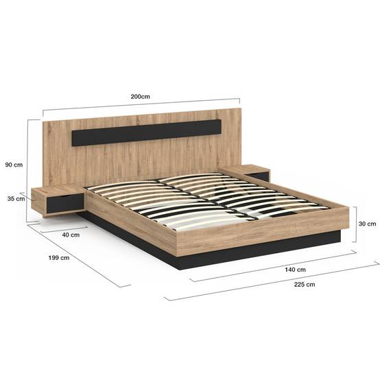 Lit double SANTA avec tête de lit + tables de chevet intégrées et sommier 140 x 190 cm bois et noir - Image 5