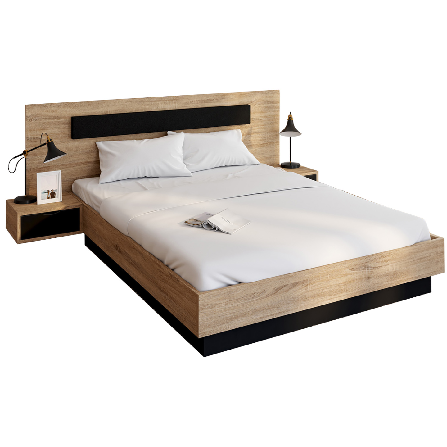 Lit double SANTA avec tête de lit + tables de chevet intégrées et sommier 140 x 190 cm bois et noir - Image 2