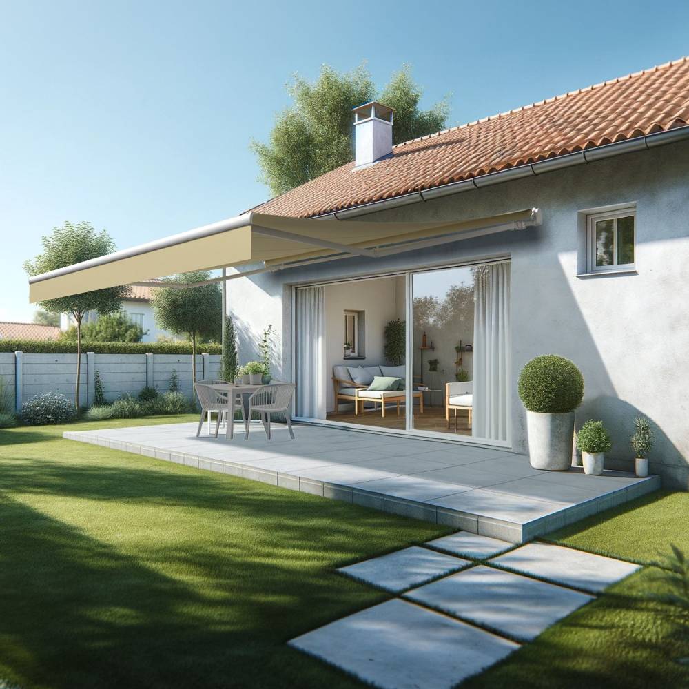 Store banne monobloc ESPAI 5,00x3,50m (Motorisé à télécommande + manœuvre de secours - Ecru - Blanc) - Alia Productions - Imagen 1