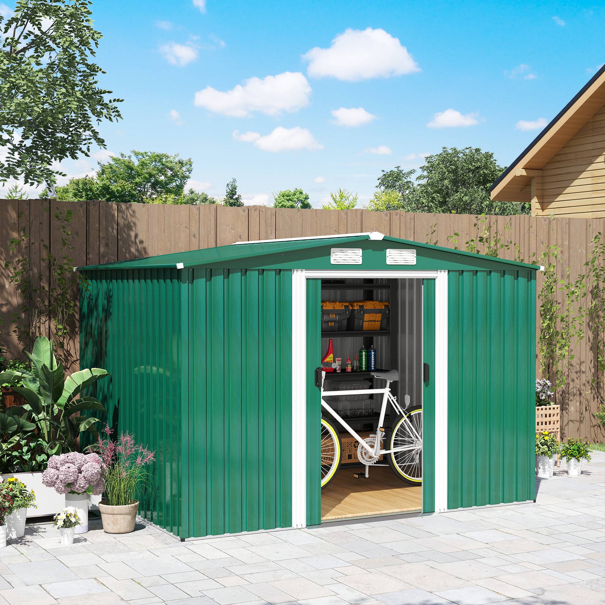 Abri de jardin métallique vert, 258 x 206 x 178 cm, 5,3 m², avec portes coulissantes et ventilation, idéal pour le rangement d'outils. - Image 3