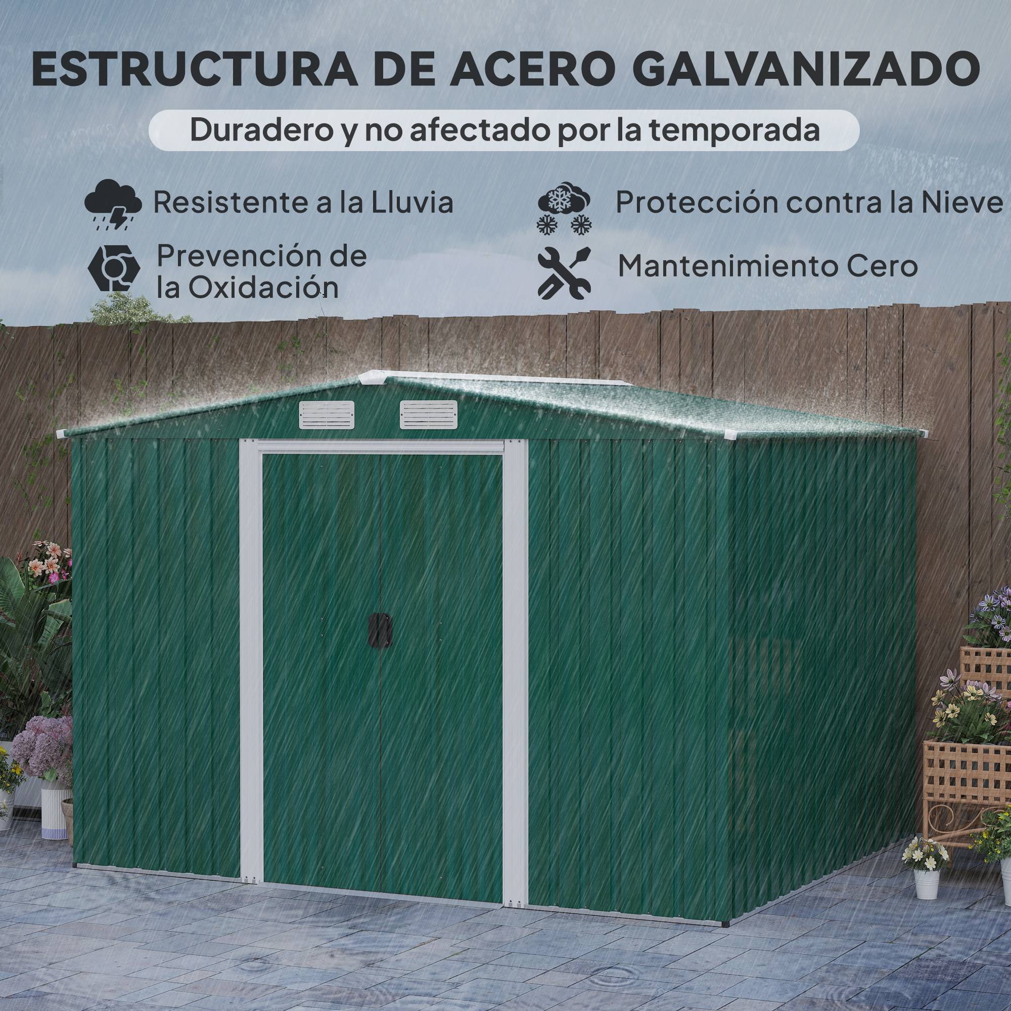 Abri de jardin métallique vert, 258 x 206 x 178 cm, 5,3 m², avec portes coulissantes et ventilation, idéal pour le rangement d'outils. - Image 6