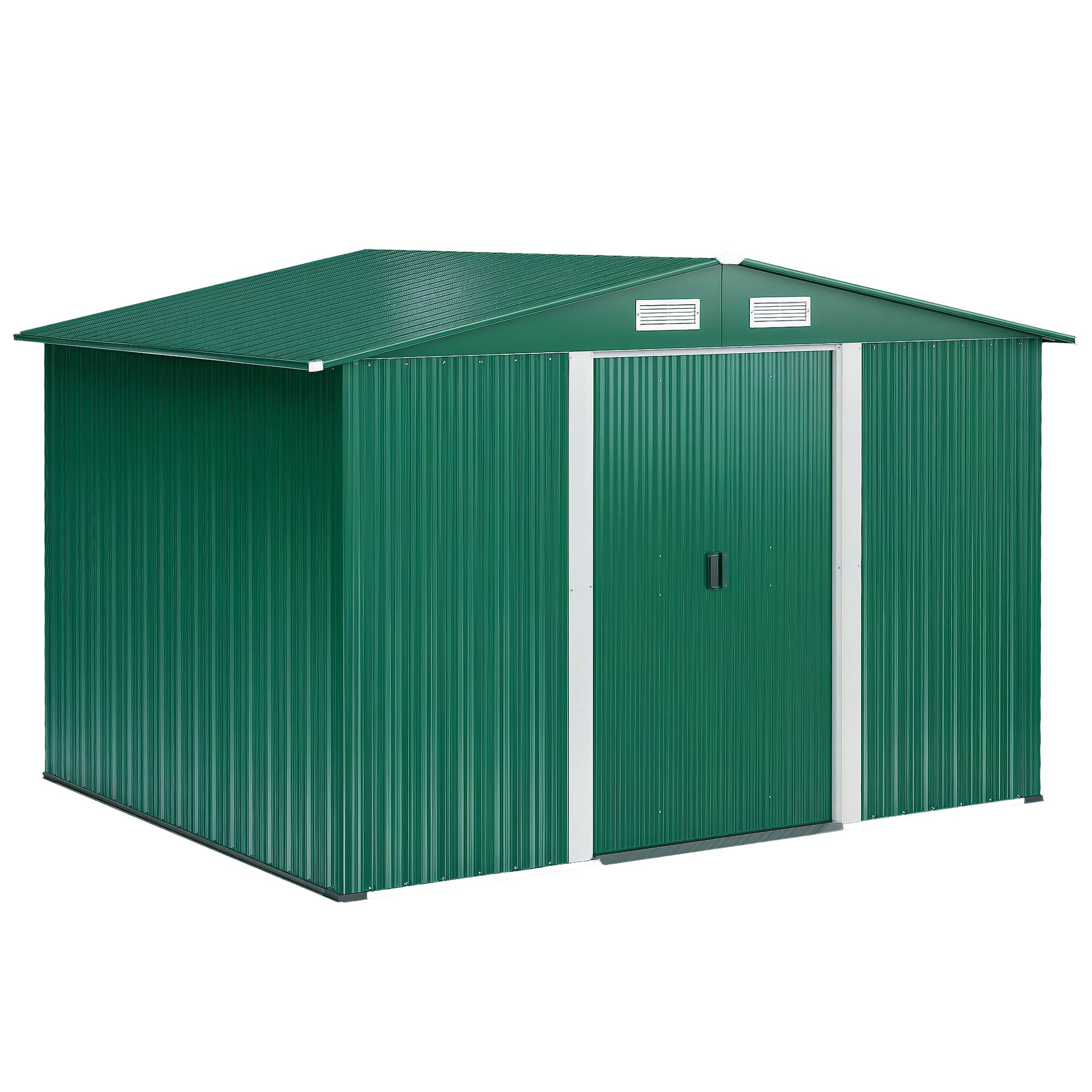 Abri de jardin métallique vert, 258 x 206 x 178 cm, 5,3 m², avec portes coulissantes et ventilation, idéal pour le rangement d'outils. - Image 1