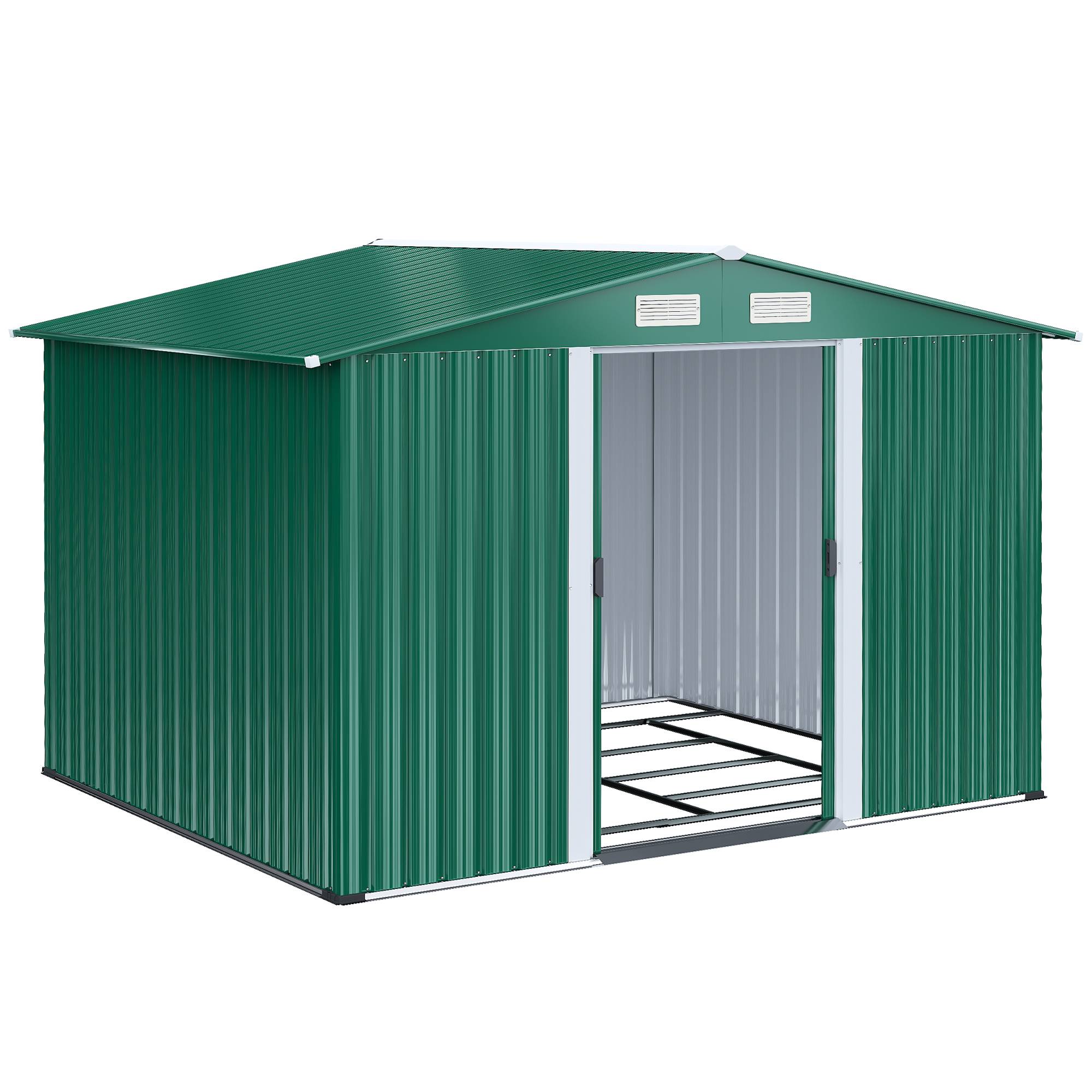 Abri de jardin métallique vert, 258 x 206 x 178 cm, 5,3 m², avec portes coulissantes et ventilation, idéal pour le rangement d'outils. - Image 2