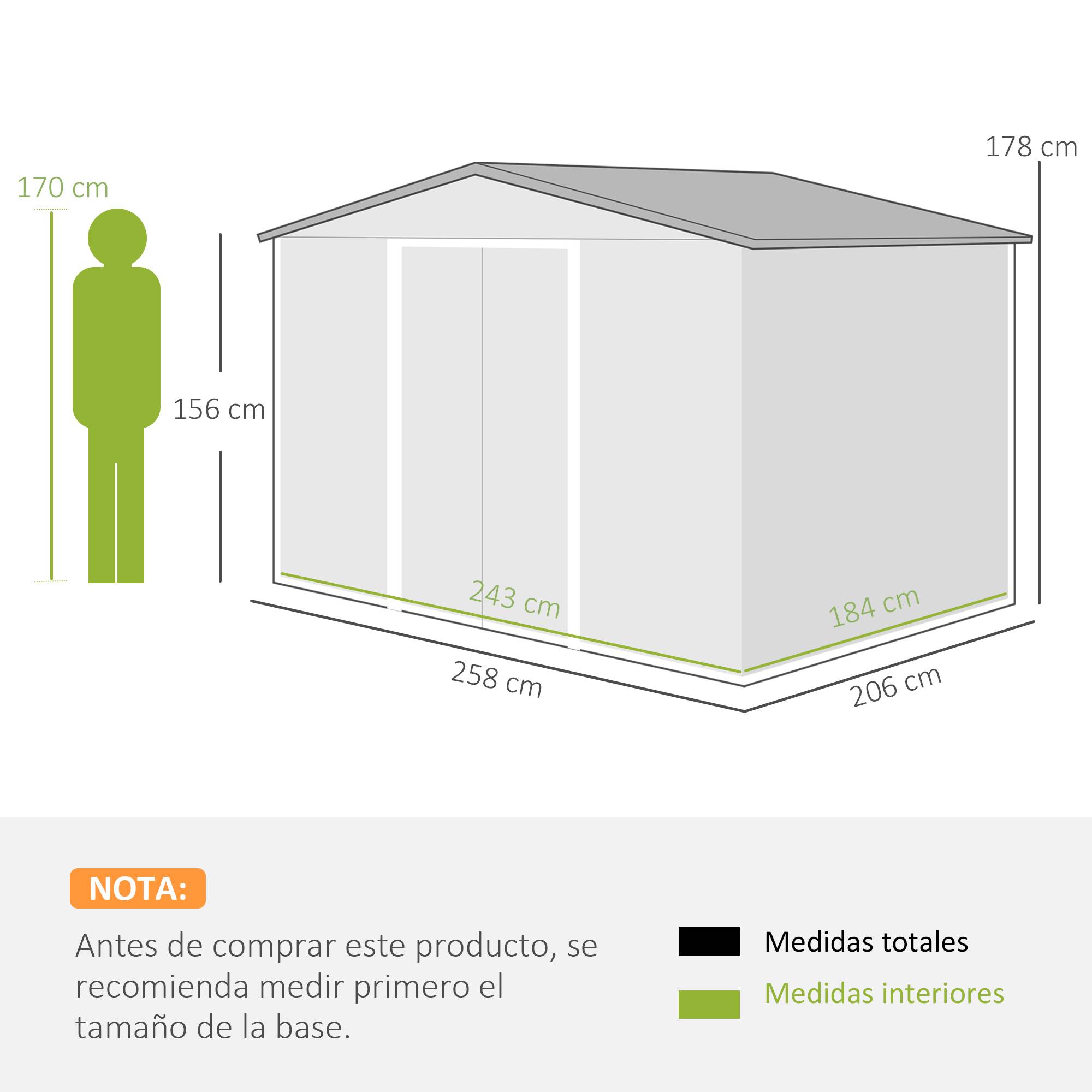 Abri de jardin métallique vert, 258 x 206 x 178 cm, 5,3 m², avec portes coulissantes et ventilation, idéal pour le rangement d'outils. - Image 5