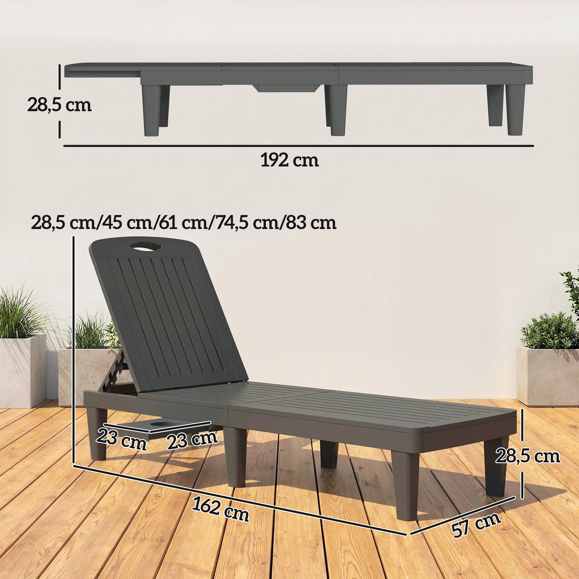 Lot de 2 bains de soleil plastique PP gris 192 x 57 x 28.5 cm - PANGIVO - Image 5