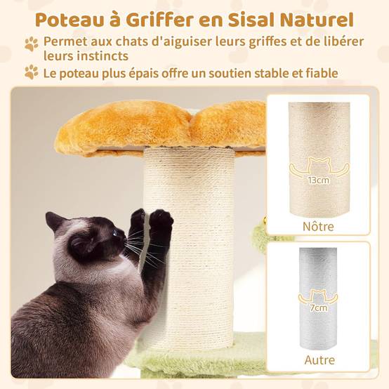 Petit Arbre à Chat Fleur 69 cm, 2 Plateformes, Ø13 cm Poteau à Griffer en Sisal, Brosse d'Toilettage, Arbre a Chat Design à 3 Niveaux, Pompon Suspendu - Image 3