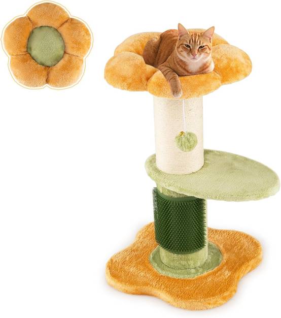 Petit Arbre à Chat Fleur 69 cm, 2 Plateformes, Ø13 cm Poteau à Griffer en Sisal, Brosse d'Toilettage, Arbre a Chat Design à 3 Niveaux, Pompon Suspendu - Image 1