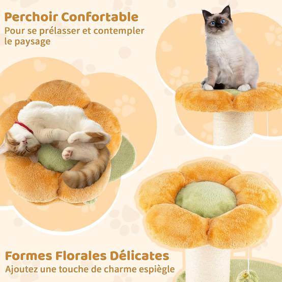 Petit Arbre à Chat Fleur 69 cm, 2 Plateformes, Ø13 cm Poteau à Griffer en Sisal, Brosse d'Toilettage, Arbre a Chat Design à 3 Niveaux, Pompon Suspendu - Image 2