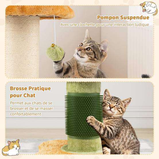 Petit Arbre à Chat Fleur 69 cm, 2 Plateformes, Ø13 cm Poteau à Griffer en Sisal, Brosse d'Toilettage, Arbre a Chat Design à 3 Niveaux, Pompon Suspendu - Image 5
