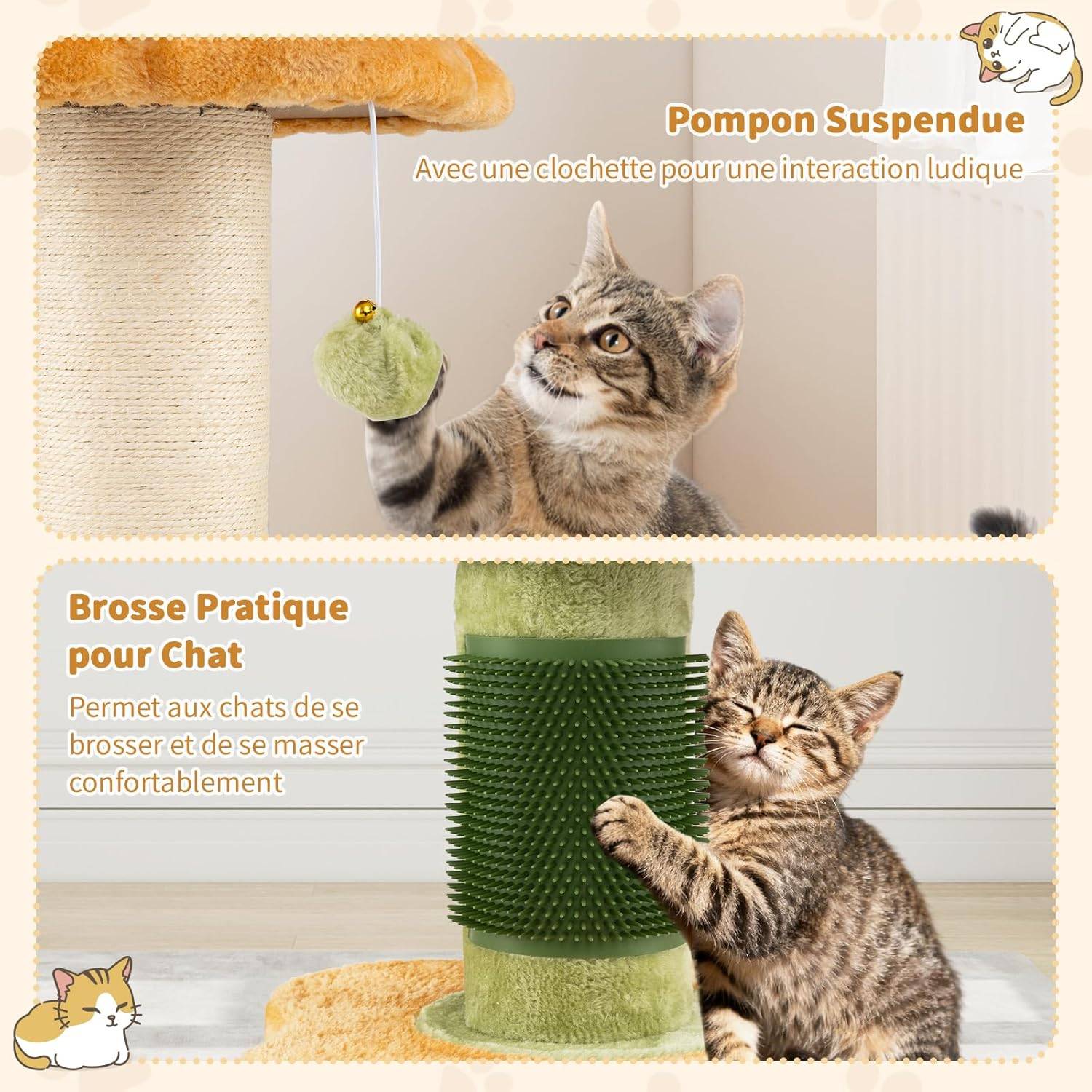Petit Arbre à Chat Fleur 69 cm, 2 Plateformes, Ø13 cm Poteau à Griffer en Sisal, Brosse d'Toilettage, Arbre a Chat Design à 3 Niveaux, Pompon Suspendu - Image 5