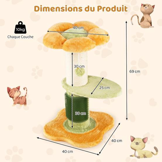 Petit Arbre à Chat Fleur 69 cm, 2 Plateformes, Ø13 cm Poteau à Griffer en Sisal, Brosse d'Toilettage, Arbre a Chat Design à 3 Niveaux, Pompon Suspendu - Image 4