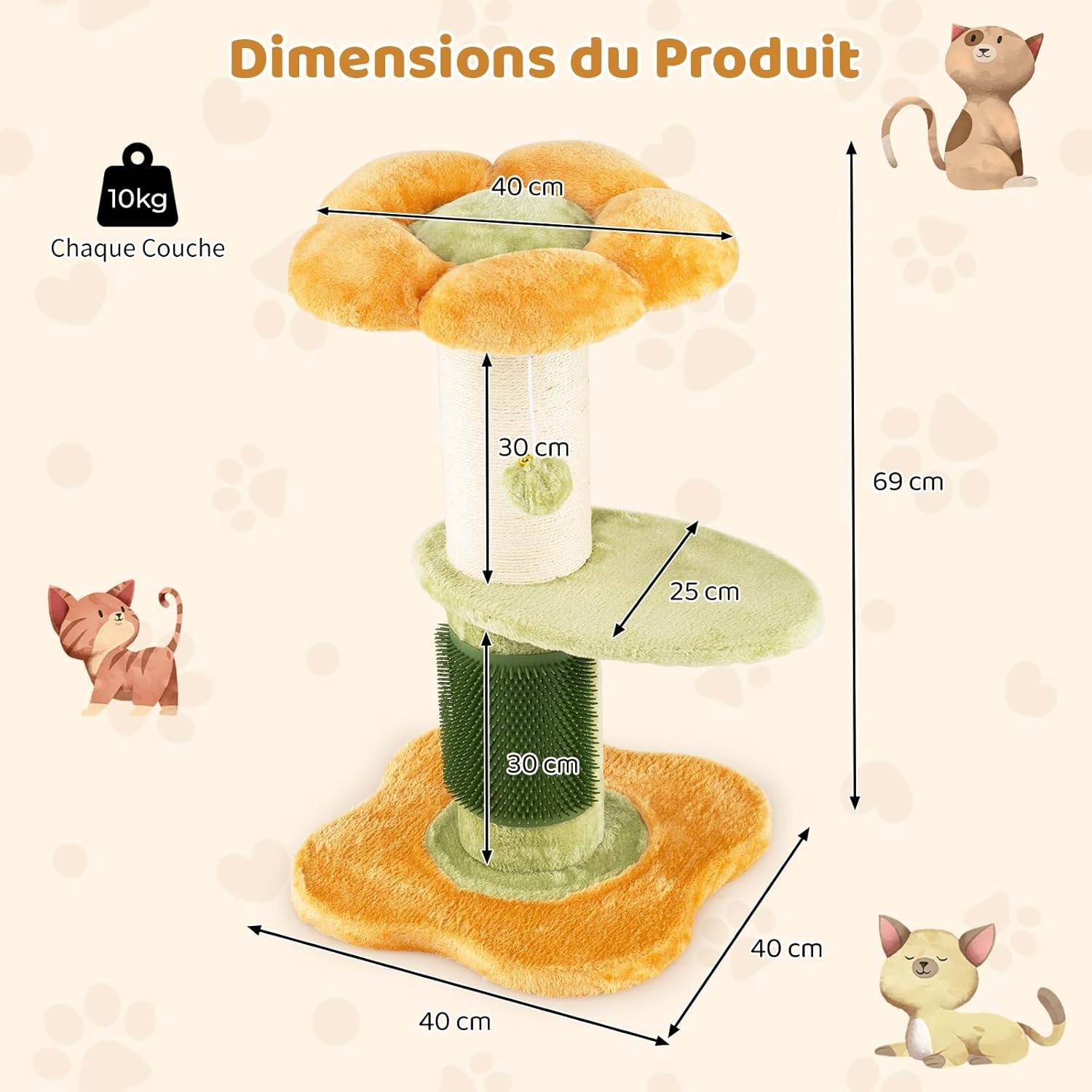 Petit Arbre à Chat Fleur 69 cm, 2 Plateformes, Ø13 cm Poteau à Griffer en Sisal, Brosse d'Toilettage, Arbre a Chat Design à 3 Niveaux, Pompon Suspendu - Image 4