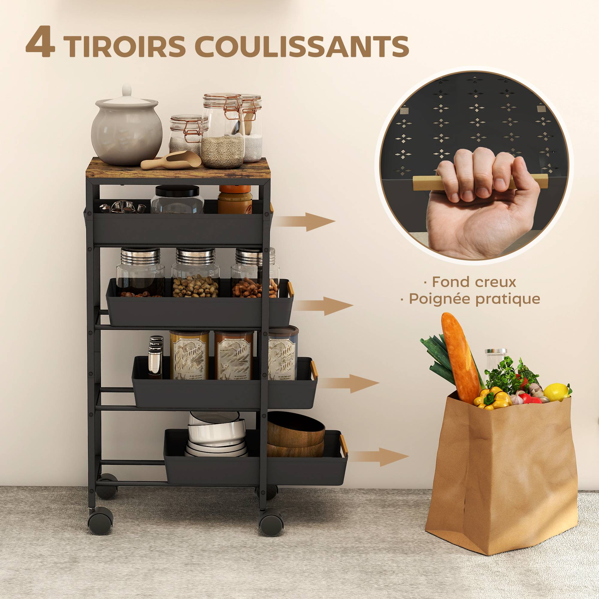 Desserte cuisine, chariot de rangement à roulettes 5 niveaux avec 4 tiroirs coulissants, étagère de rangement, noir - Image 6
