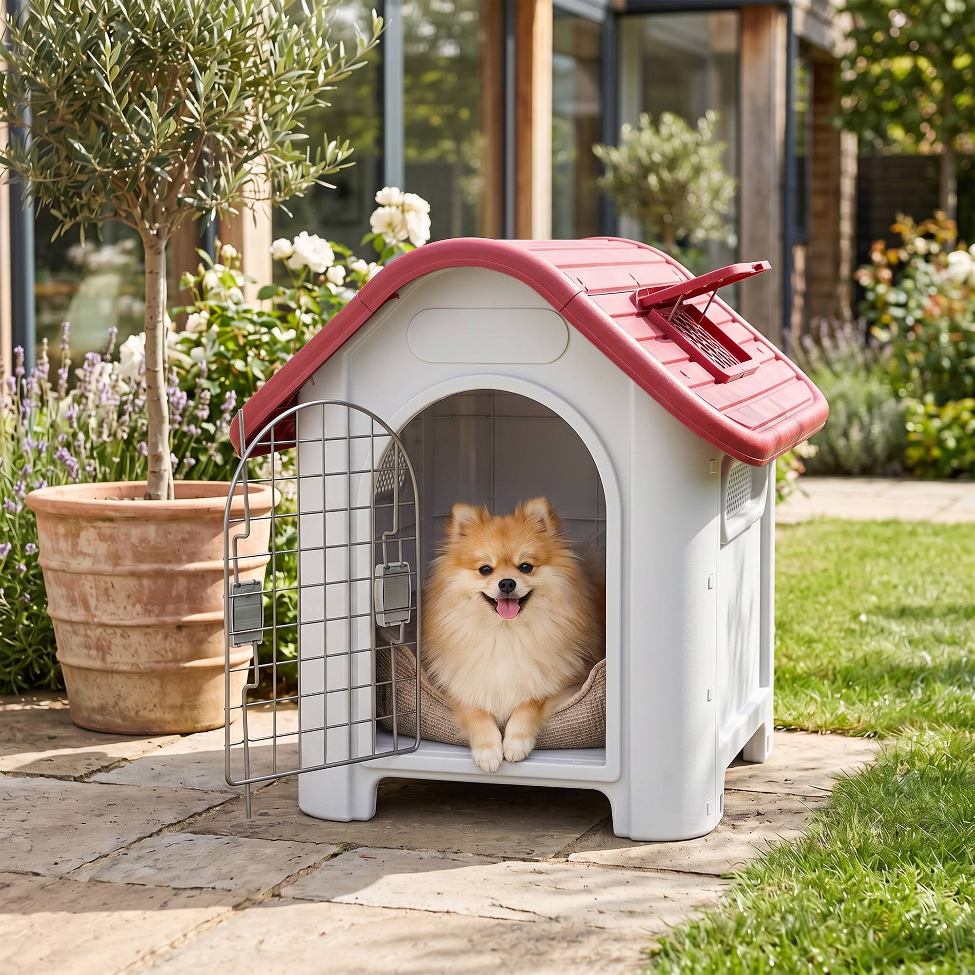 Niche chien intérieur/extérieur métal double porte multi-ventilation,59x75x66cm rouge - Image 3