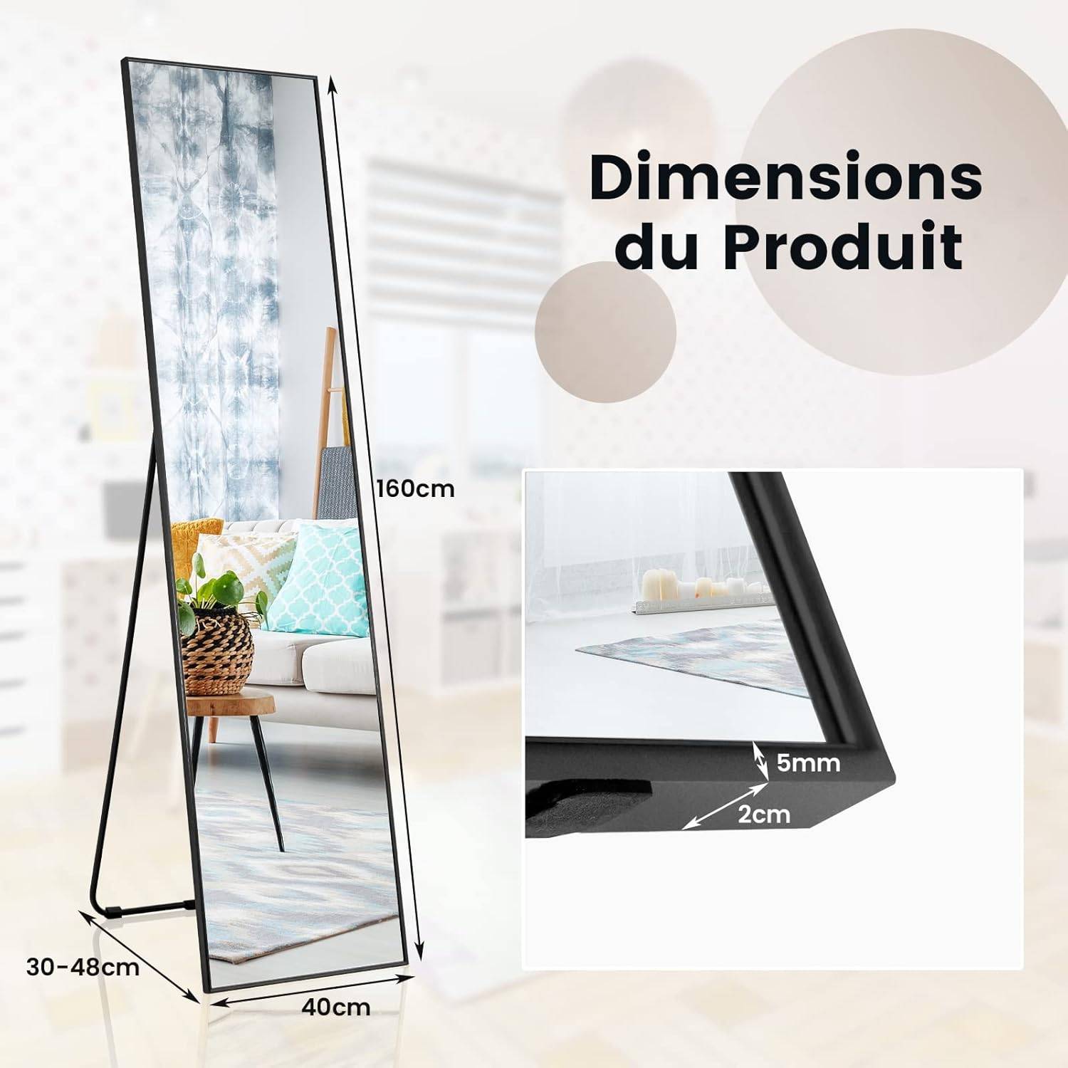 Costway - Miroir sur Pied Rectangulaire-Miroir Mural, 40 x 60 CM, Noir - Image 5