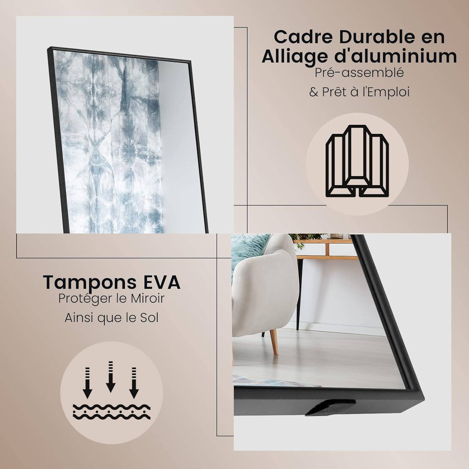 Costway - Miroir sur Pied Rectangulaire-Miroir Mural, 40 x 60 CM, Noir - Image 3