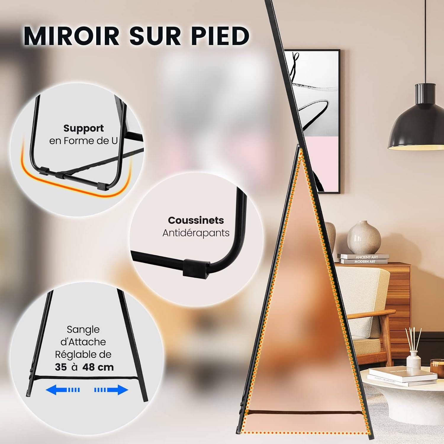 Costway - Miroir sur Pied Rectangulaire-Miroir Mural, 40 x 60 CM, Noir - Image 6