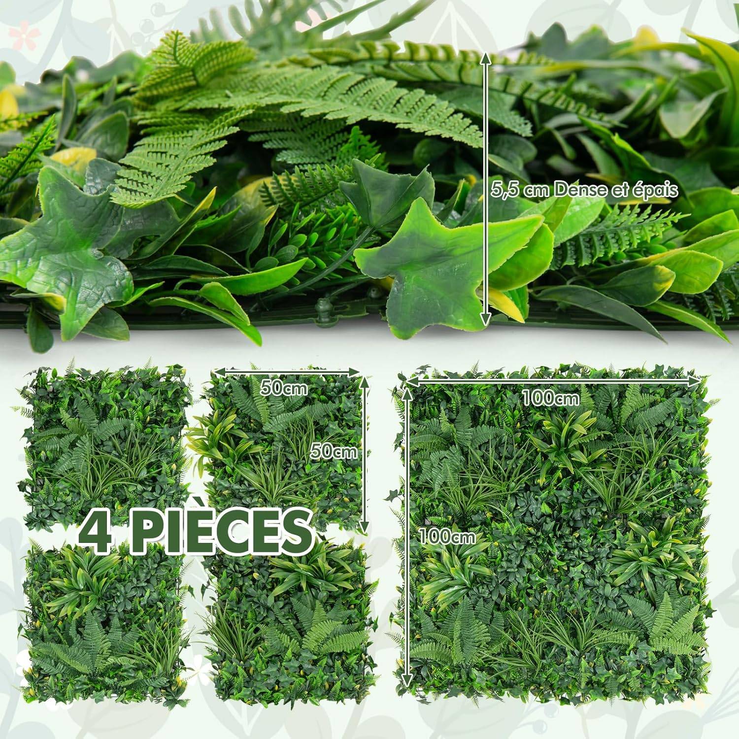 Haie Artificiel Brise-Vue 4PCS 50 x 50 cm, 7 Types de Plantes Artificielles Mixtes, Panneaux de Toile de Fond de Verdure - Image 4