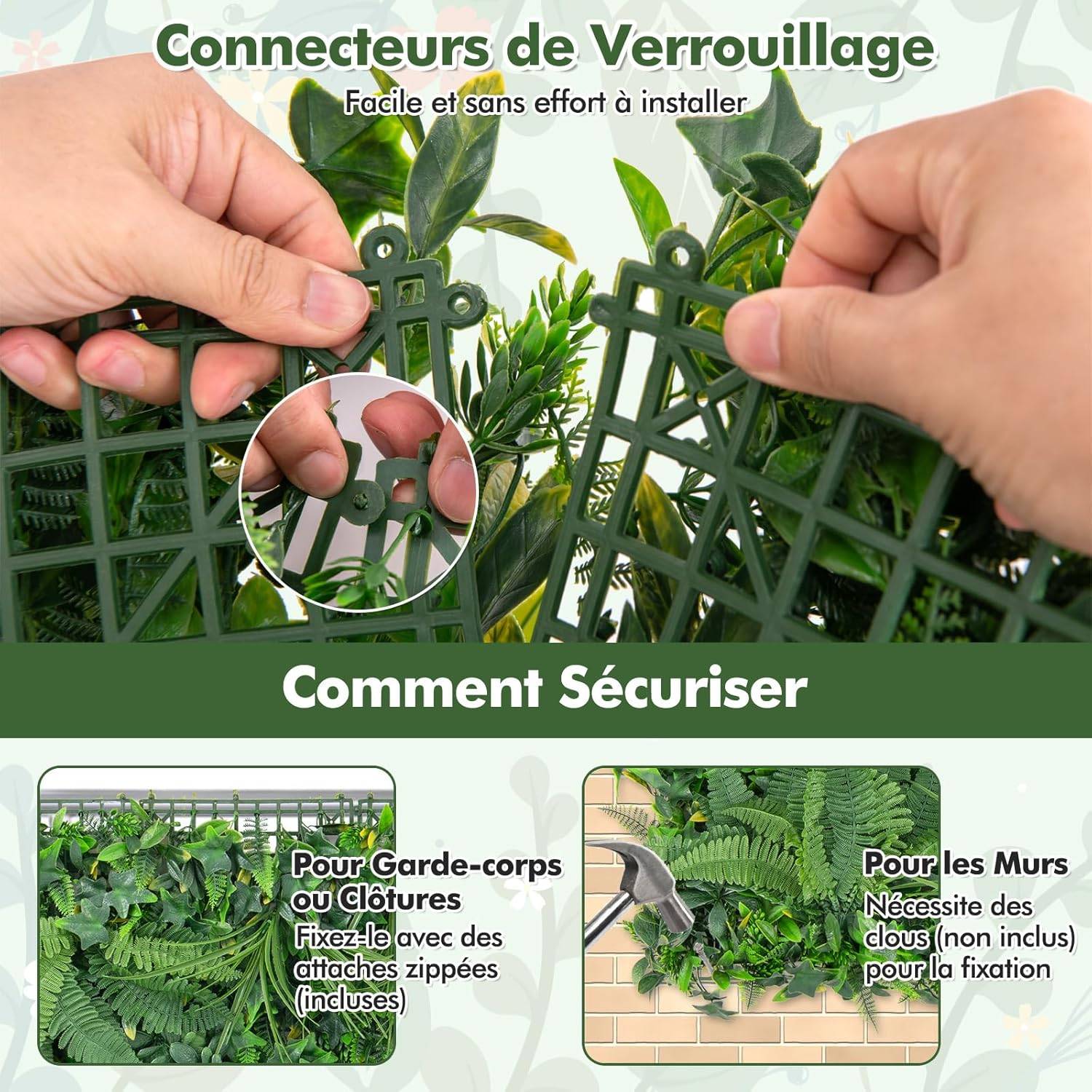 Haie Artificiel Brise-Vue 4PCS 50 x 50 cm, 7 Types de Plantes Artificielles Mixtes, Panneaux de Toile de Fond de Verdure - Image 3