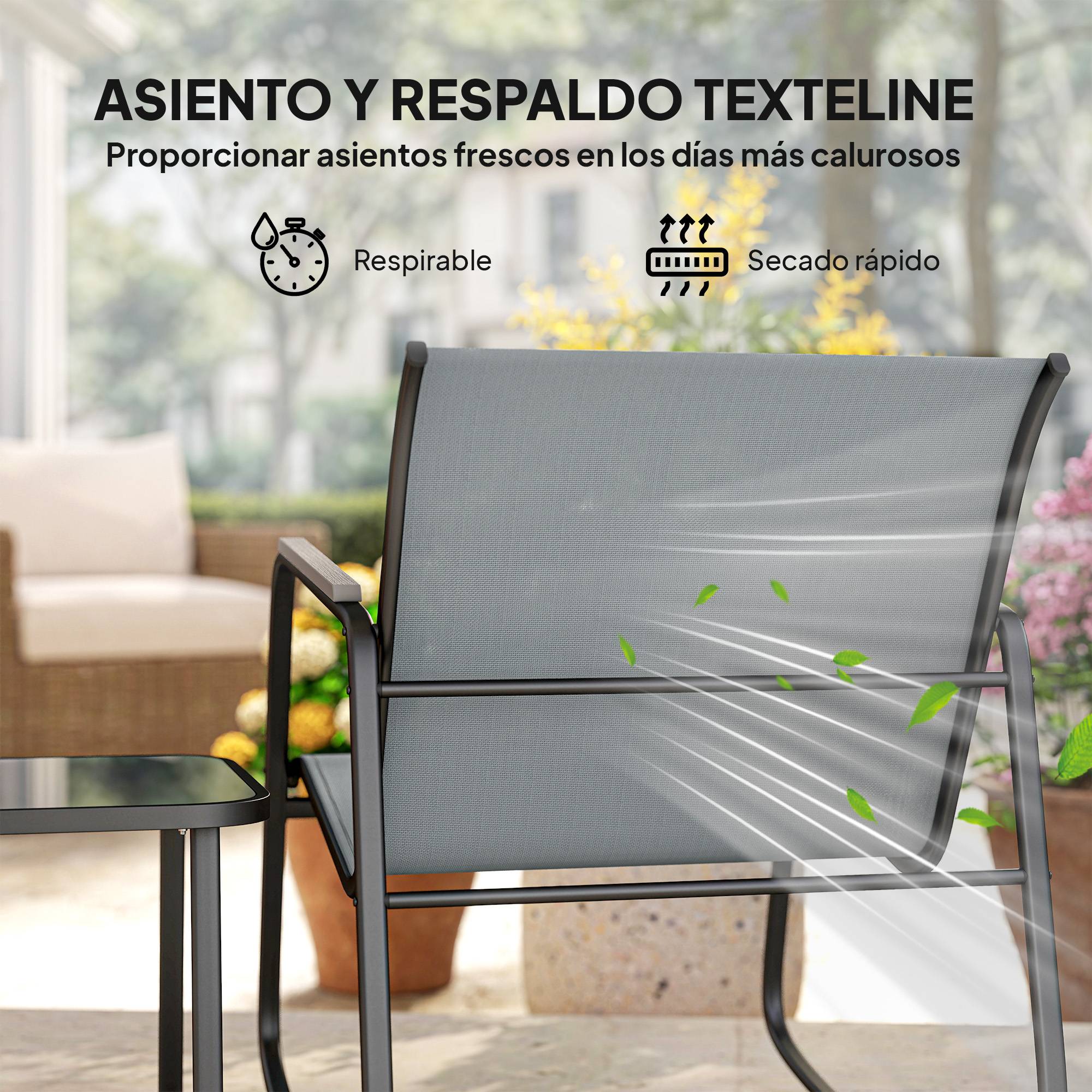 Ensemble de jardin 3 pièces avec 2 chaises berçantes, table plateau verre et structure acier, patio gris - Image 8