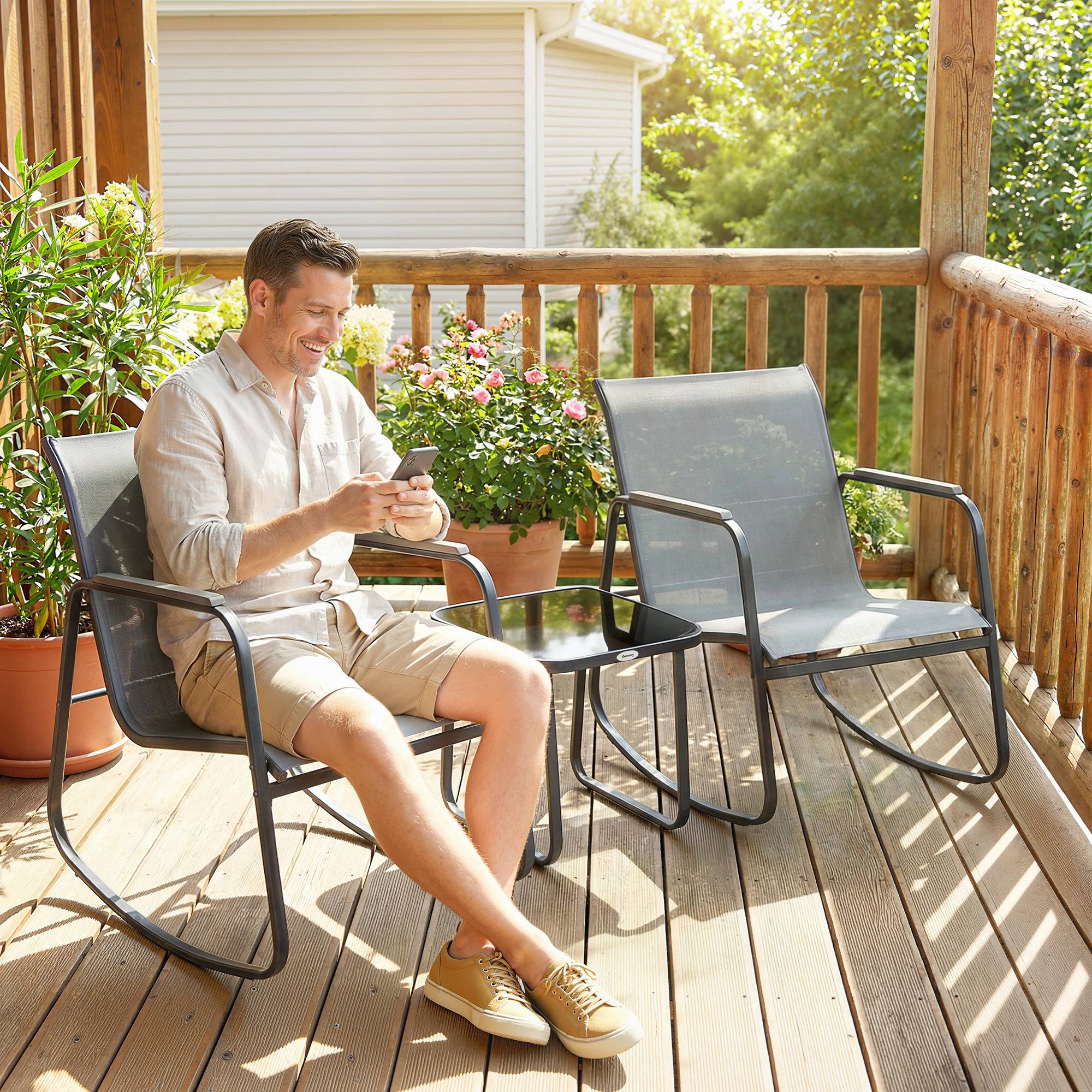 Ensemble de jardin 3 pièces avec 2 chaises berçantes, table plateau verre et structure acier, patio gris - Image 4