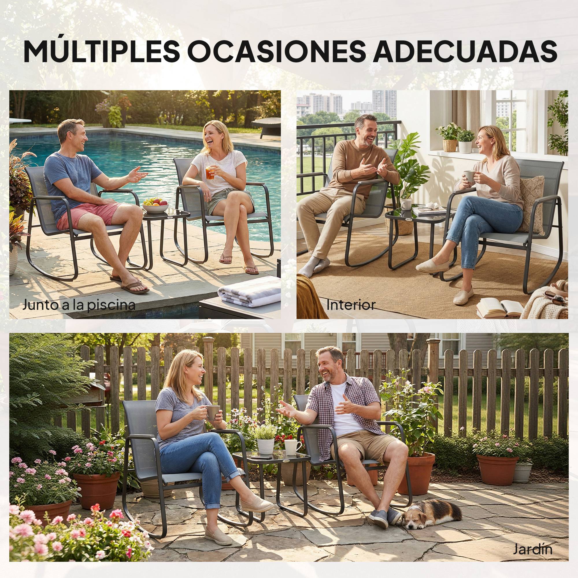 Ensemble de jardin 3 pièces avec 2 chaises berçantes, table plateau verre et structure acier, patio gris - Image 10