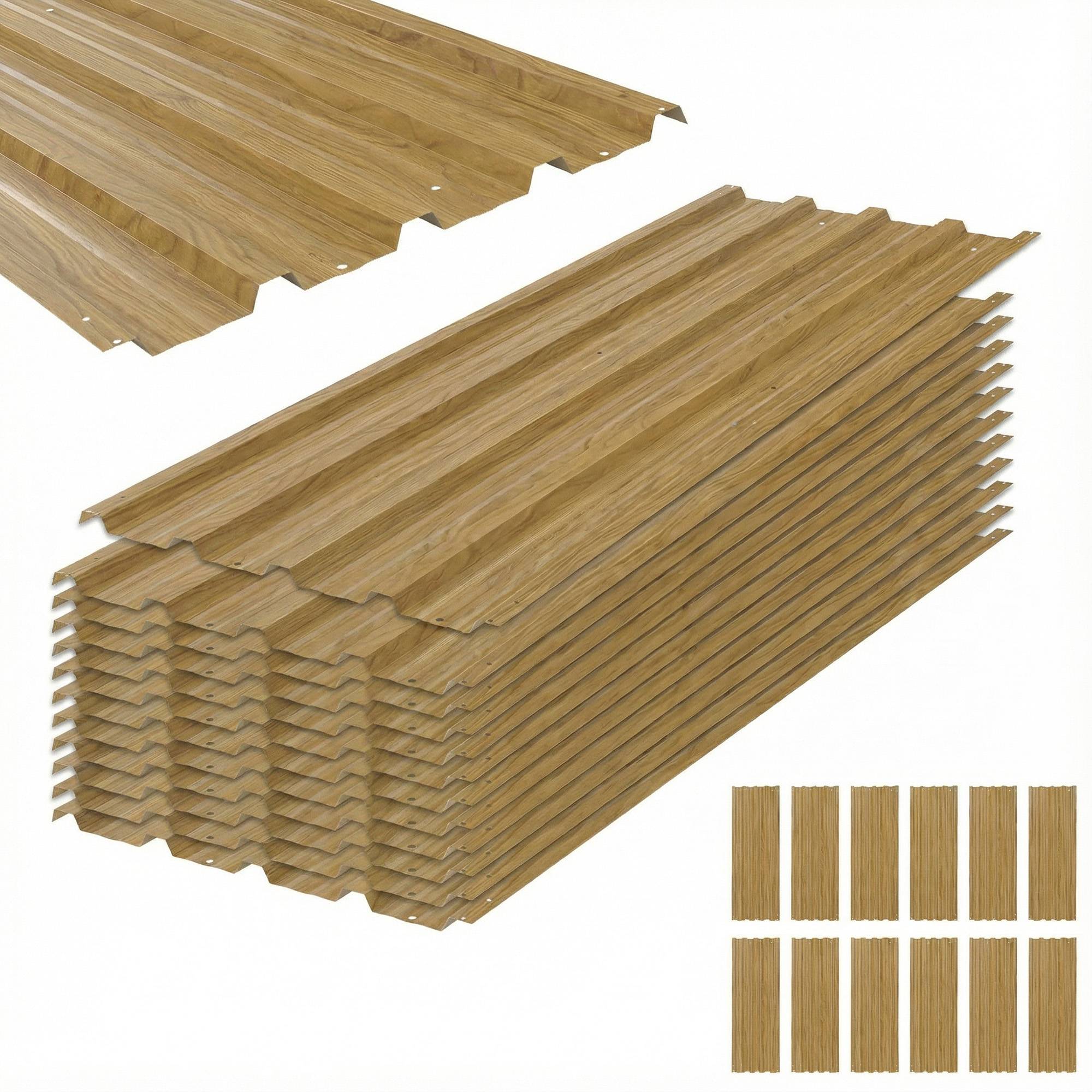 Ensemble de 12 panneaux de toiture en acier galvanisé de 7 m² pour abri de jardin, finition bois naturel 129 x 45 cm - Image 2