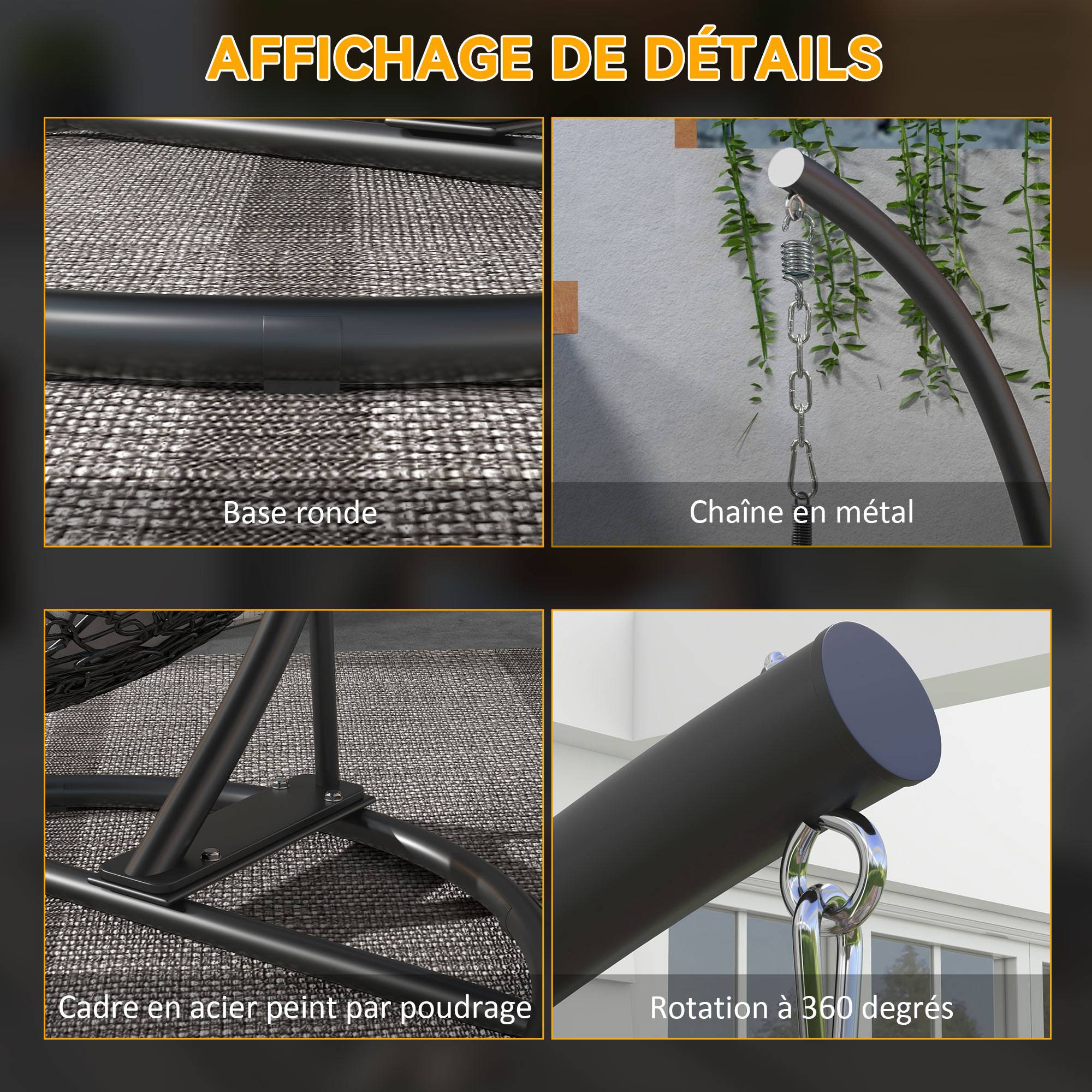 Support de fauteuil suspendu métal noir 102 x 102 x 195 cm - PANGIVO - Image 9