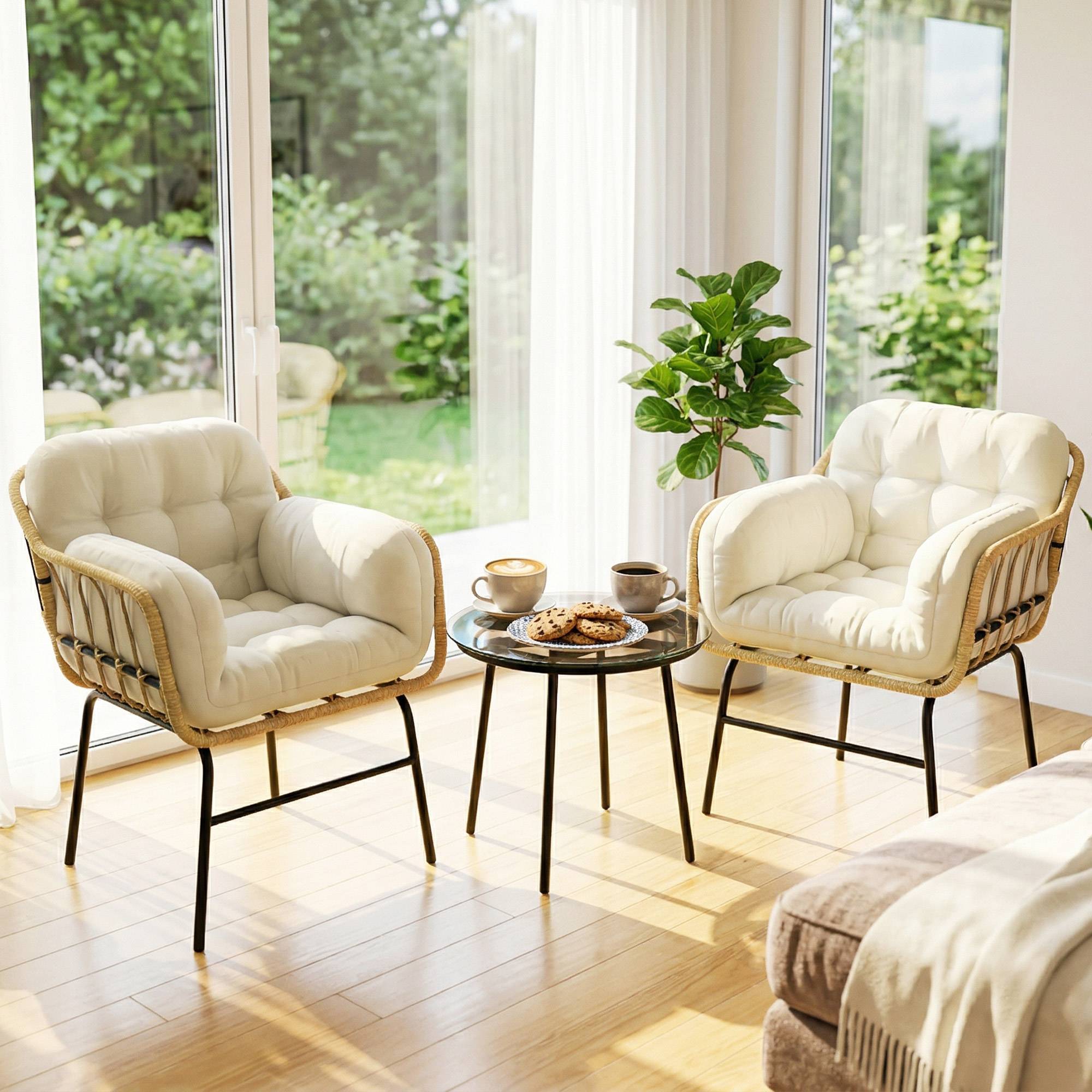 Sans Marque - Salon de Jardin Extérieur 3 Pièces en Résine Tressée, Table en Verre Trempé, 2 Fauteuils avec Coussins, 62x73x79cm, Crème - Image 10
