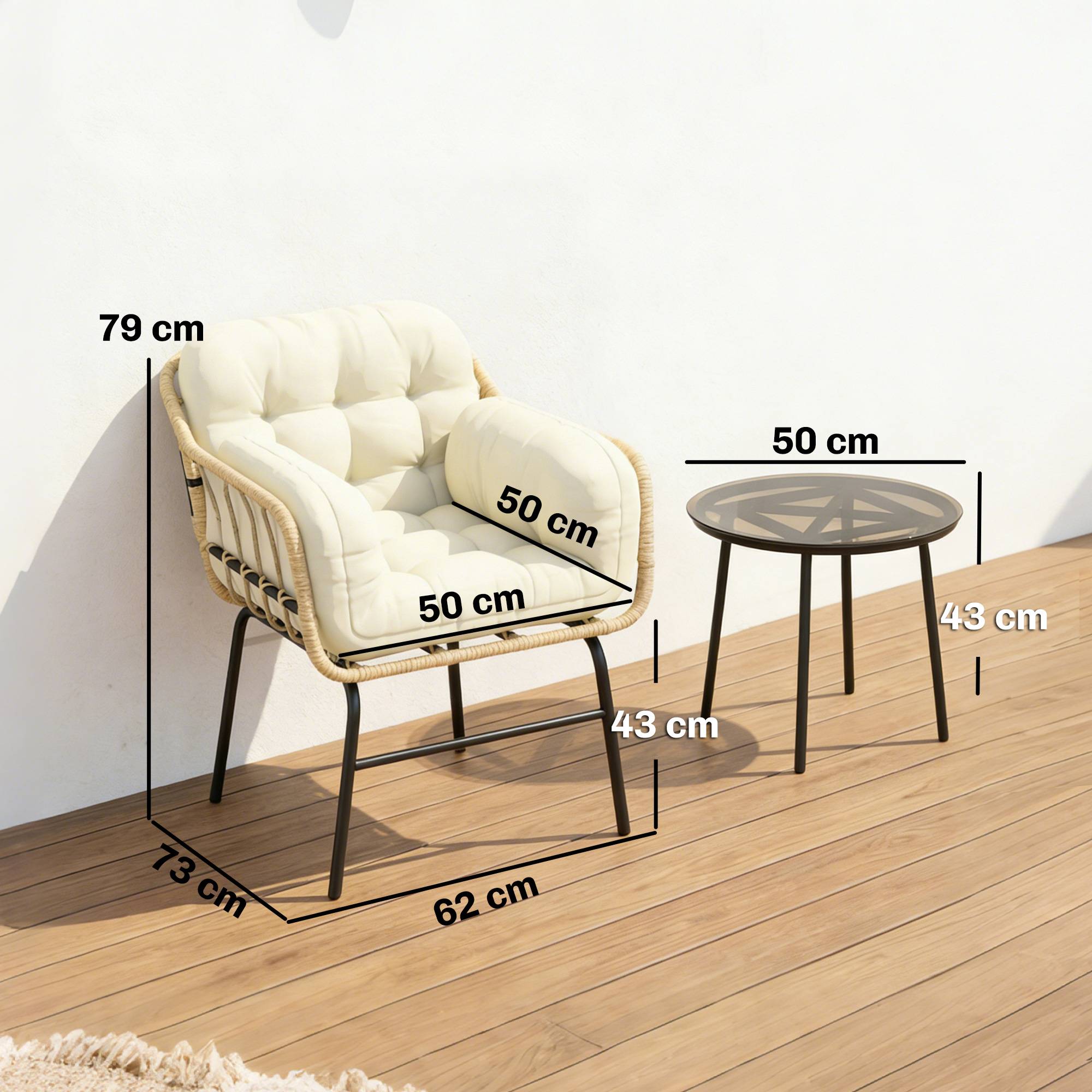 Sans Marque - Salon de Jardin Extérieur 3 Pièces en Résine Tressée, Table en Verre Trempé, 2 Fauteuils avec Coussins, 62x73x79cm, Crème - Image 5