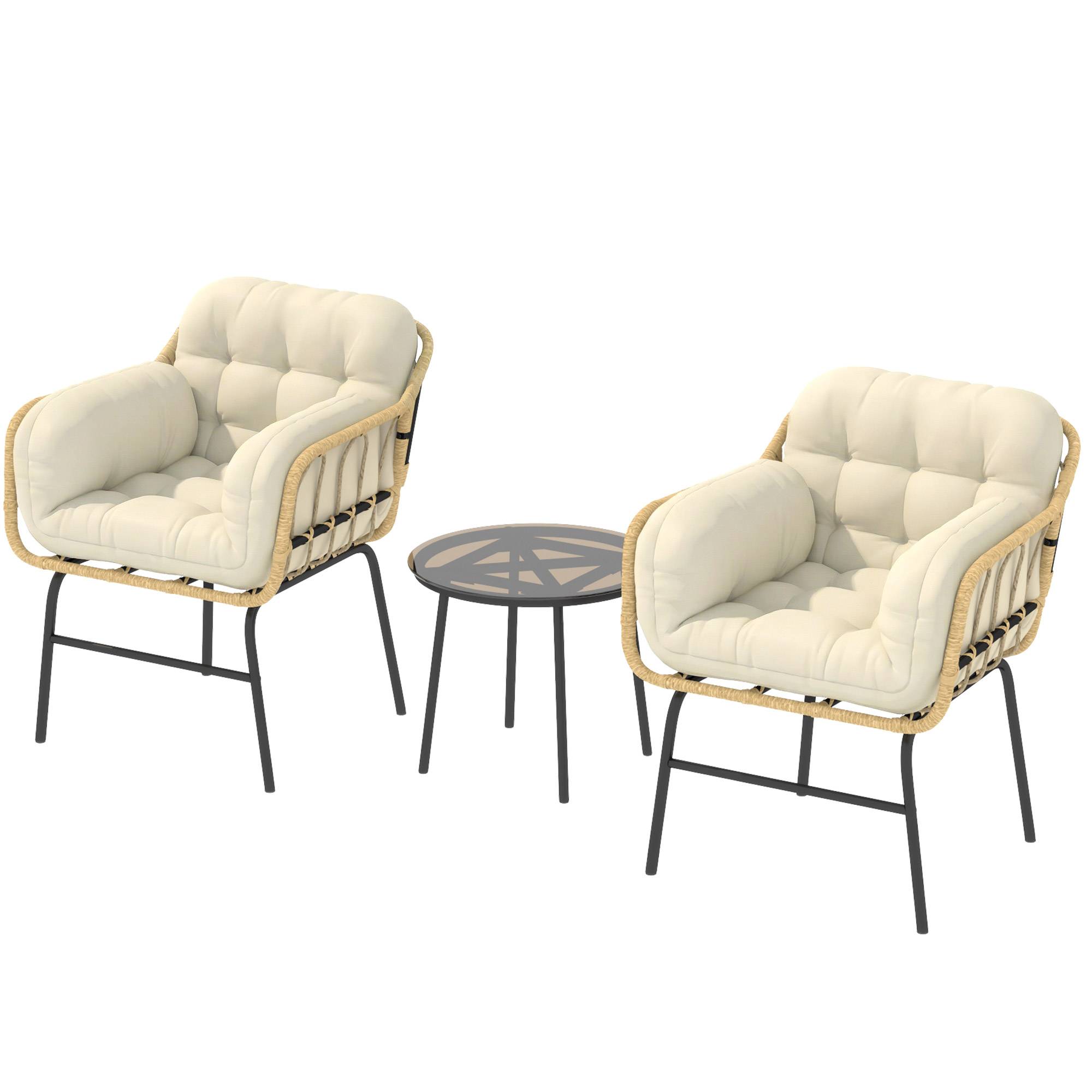 Sans Marque - Salon de Jardin Extérieur 3 Pièces en Résine Tressée, Table en Verre Trempé, 2 Fauteuils avec Coussins, 62x73x79cm, Crème - Image 2