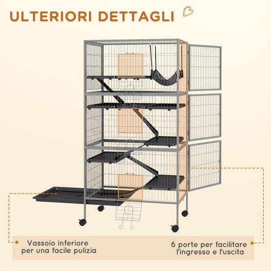 Cage chinchilla en acier sur roulettes pour furets avec hamac et rampes 80x52x159cm gris - ComfortXL Outdoor Living - Image 9