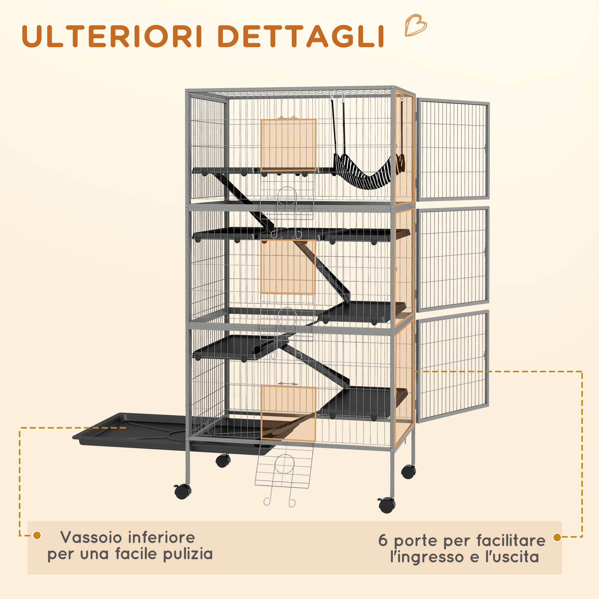 Cage chinchilla en acier sur roulettes pour furets avec hamac et rampes 80x52x159cm gris - ComfortXL Outdoor Living - Image 9