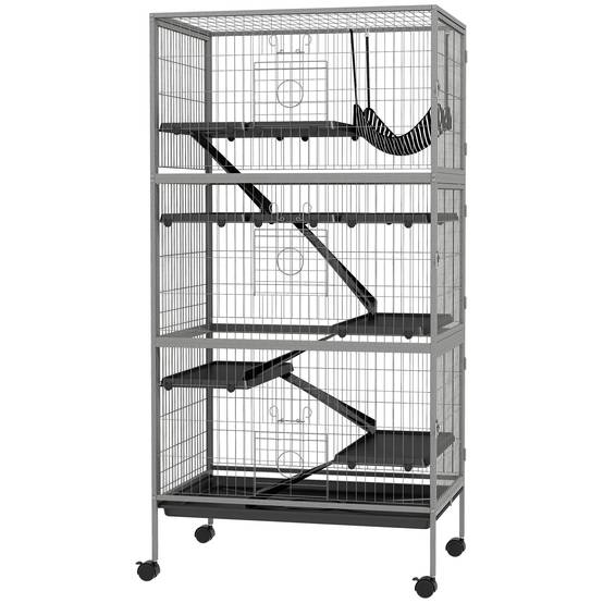 Cage chinchilla en acier sur roulettes pour furets avec hamac et rampes 80x52x159cm gris - ComfortXL Outdoor Living - Image 2