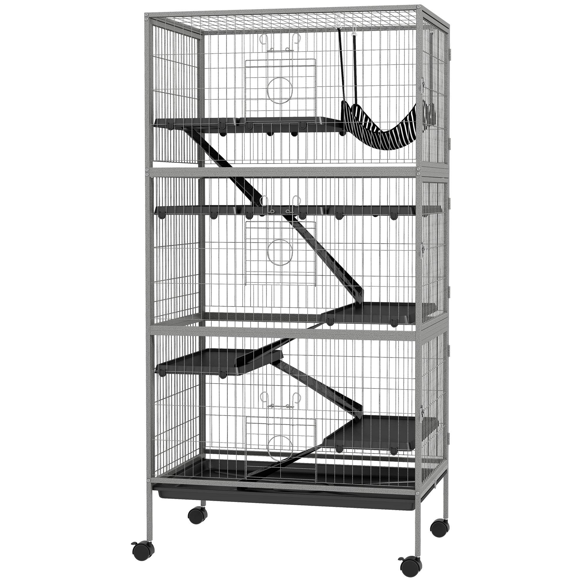 Cage chinchilla en acier sur roulettes pour furets avec hamac et rampes 80x52x159cm gris - ComfortXL Outdoor Living - Image 2