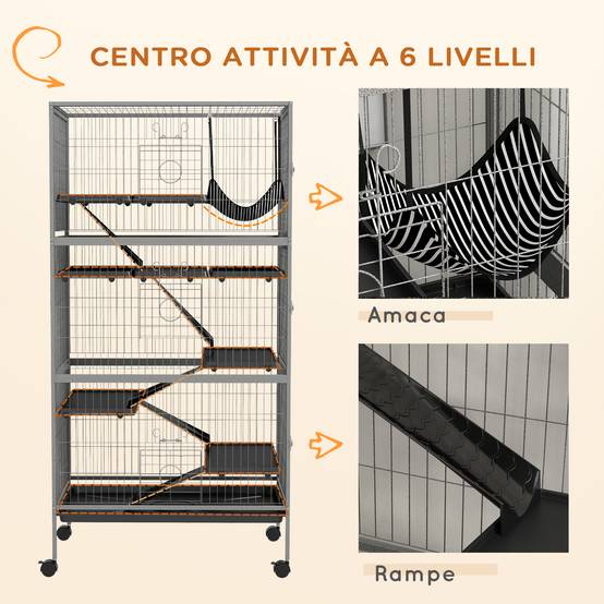 Cage chinchilla en acier sur roulettes pour furets avec hamac et rampes 80x52x159cm gris - ComfortXL Outdoor Living - Image 8