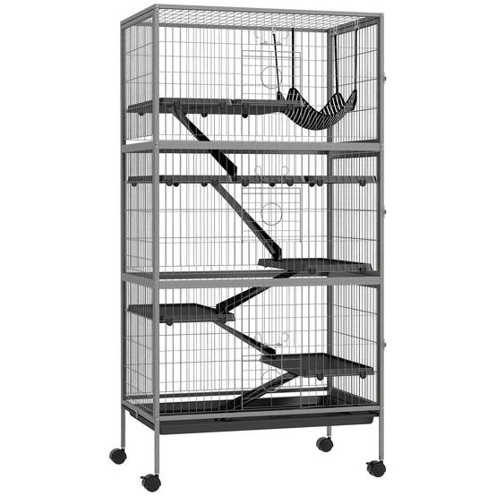 Cage chinchilla en acier sur roulettes pour furets avec hamac et rampes 80x52x159cm gris - ComfortXL Outdoor Living - Image 1