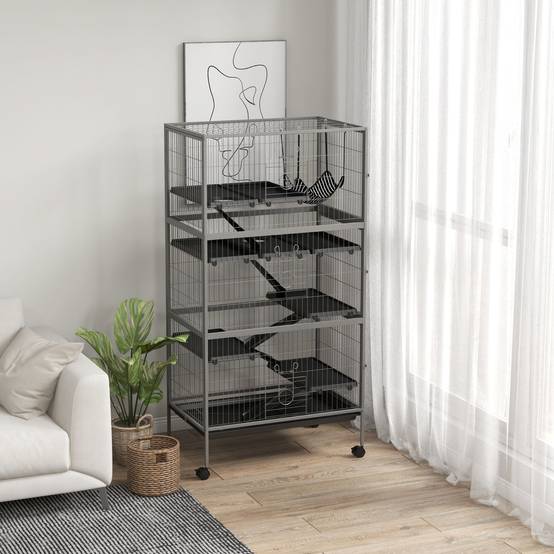 Cage chinchilla en acier sur roulettes pour furets avec hamac et rampes 80x52x159cm gris - ComfortXL Outdoor Living - Image 4