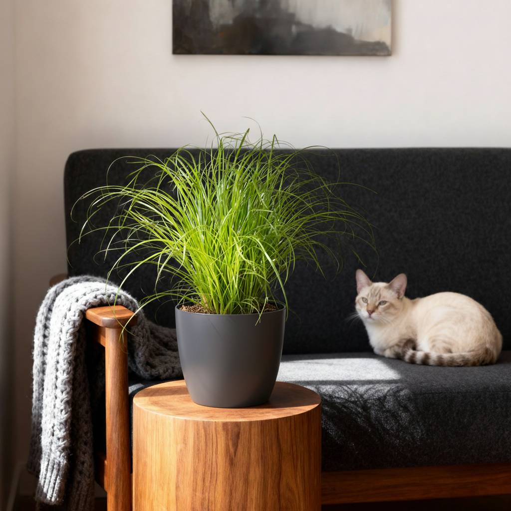 La Green Touch - Cyperus alternifolius Zumula - Papyrus Zumula (herbe à chat) - Avec cache-pot gris - Pot Ø20 cm, H 30 cm - Image 4