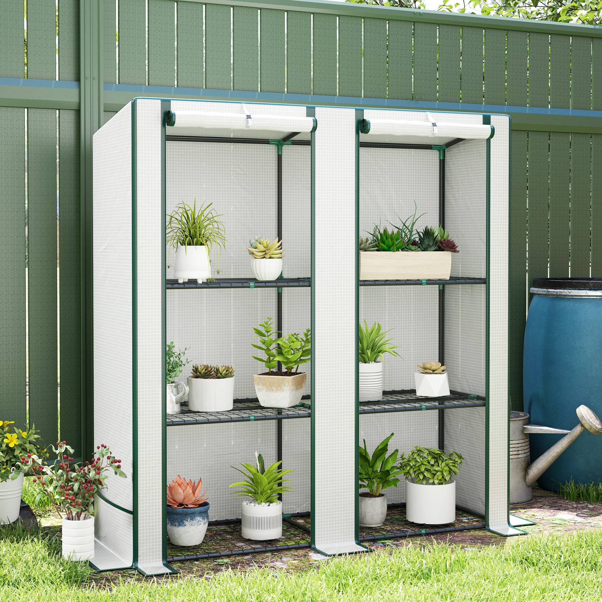 Mini-serre avec étagère à 3 niveaux, couverture plastique résistante aux UV, portable, porte enroulable, 144 × 48 × 152 cm, blanc - Image 3