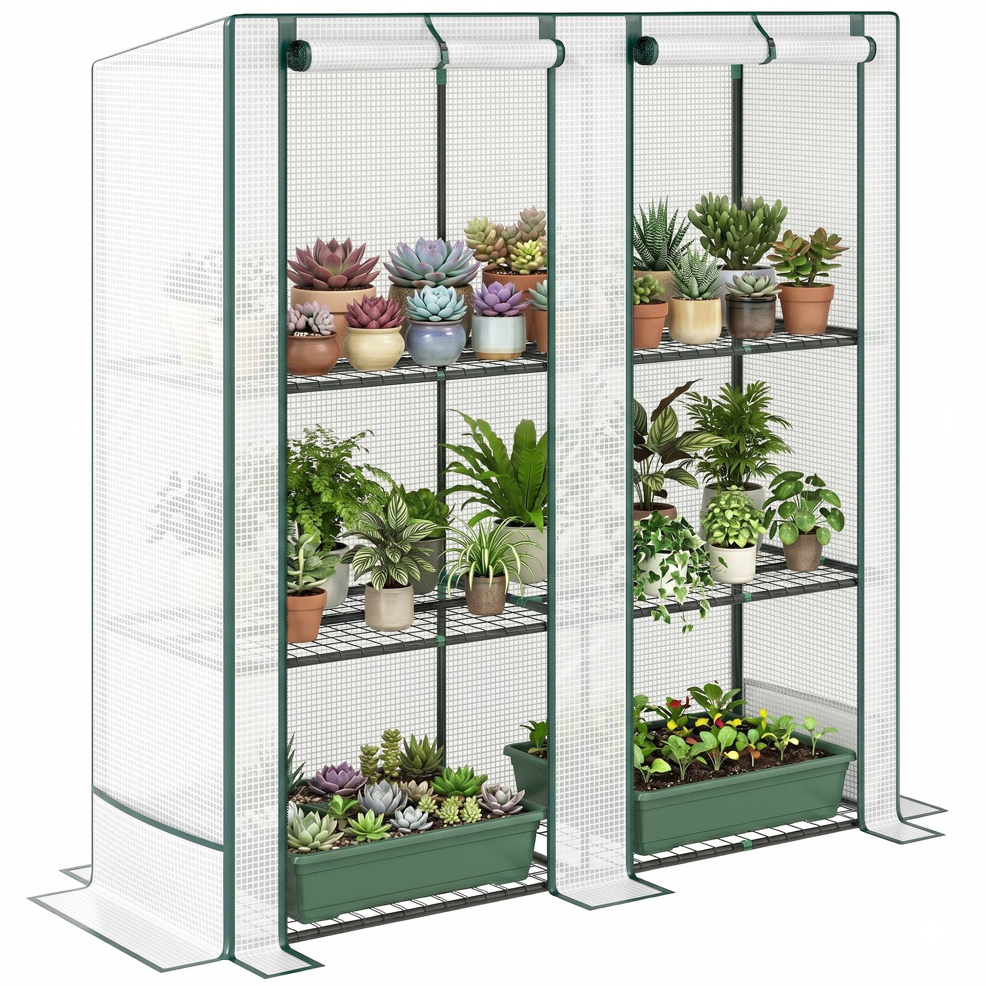 Mini-serre avec étagère à 3 niveaux, couverture plastique résistante aux UV, portable, porte enroulable, 144 × 48 × 152 cm, blanc