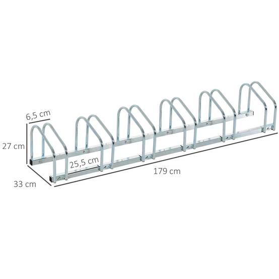 Support à vélos pour 6 vélos, structure en acier pour ranger les vélos au sol ou au mur, 179 x 33 x 27 cm, argent - Image 5