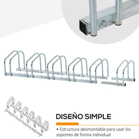 Support à vélos pour 6 vélos, structure en acier pour ranger les vélos au sol ou au mur, 179 x 33 x 27 cm, argent - Image 7