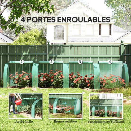 Mini serre de jardin serre à tomates 4 x 1 x 0,80 m acier PE anti-UV 4 portes avec zip enroulables vert - Image 8