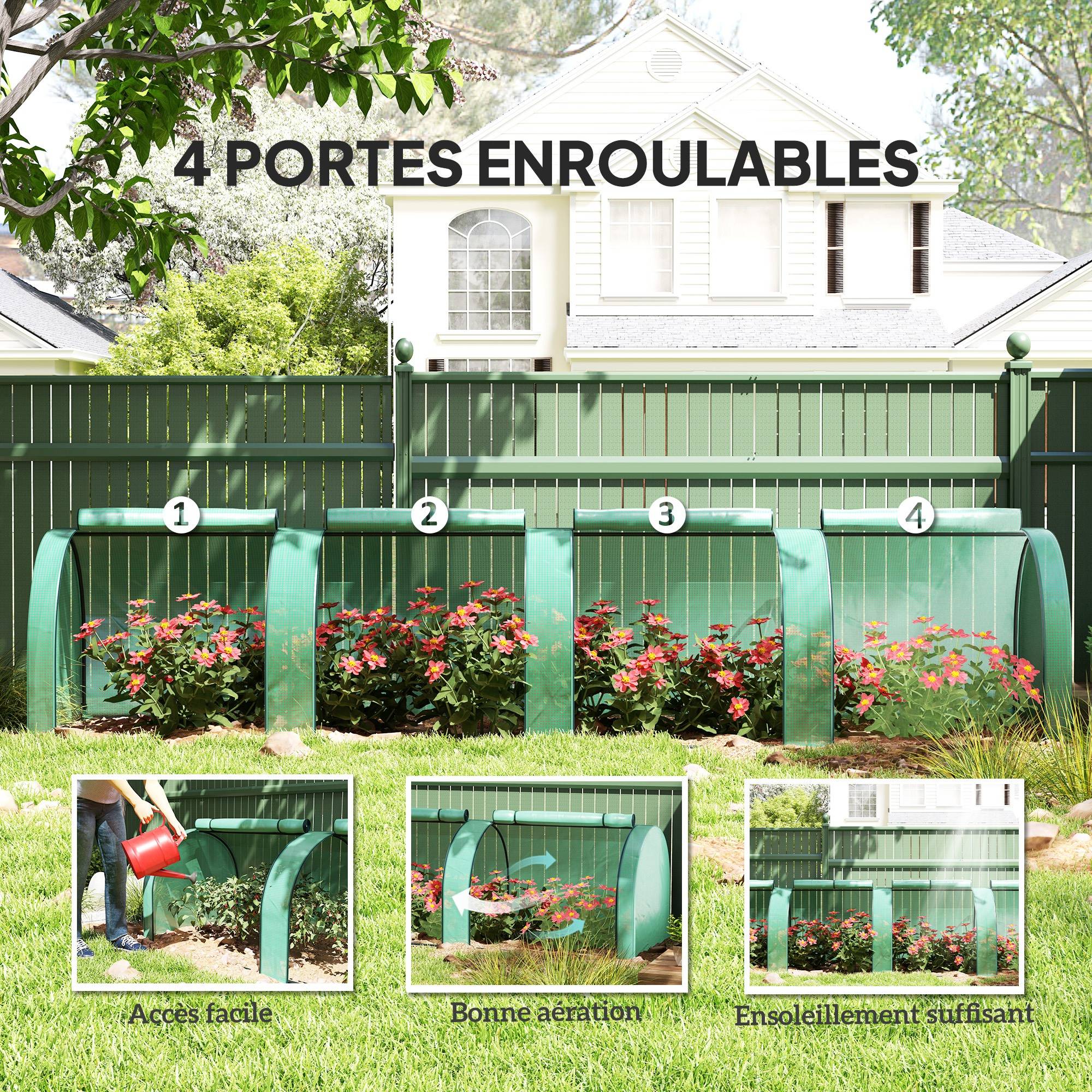 Mini serre de jardin serre à tomates 4 x 1 x 0,80 m acier PE anti-UV 4 portes avec zip enroulables vert - Image 8