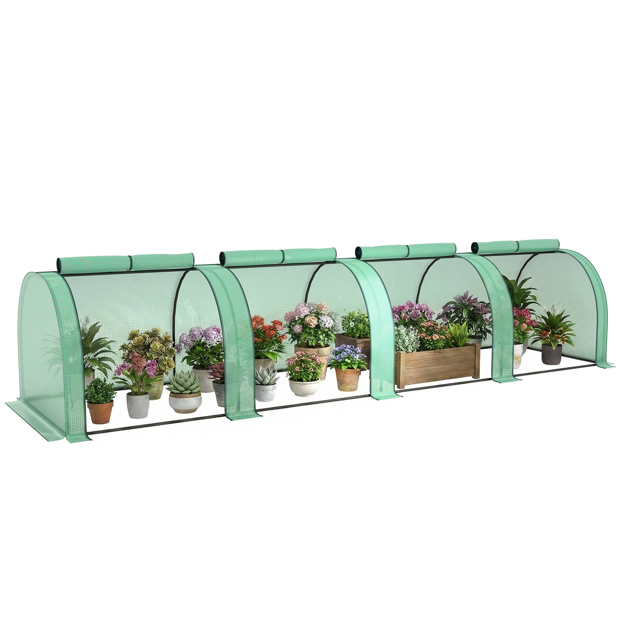 Mini serre de jardin serre à tomates 4 x 1 x 0,80 m acier PE anti-UV 4 portes avec zip enroulables vert - Image 1