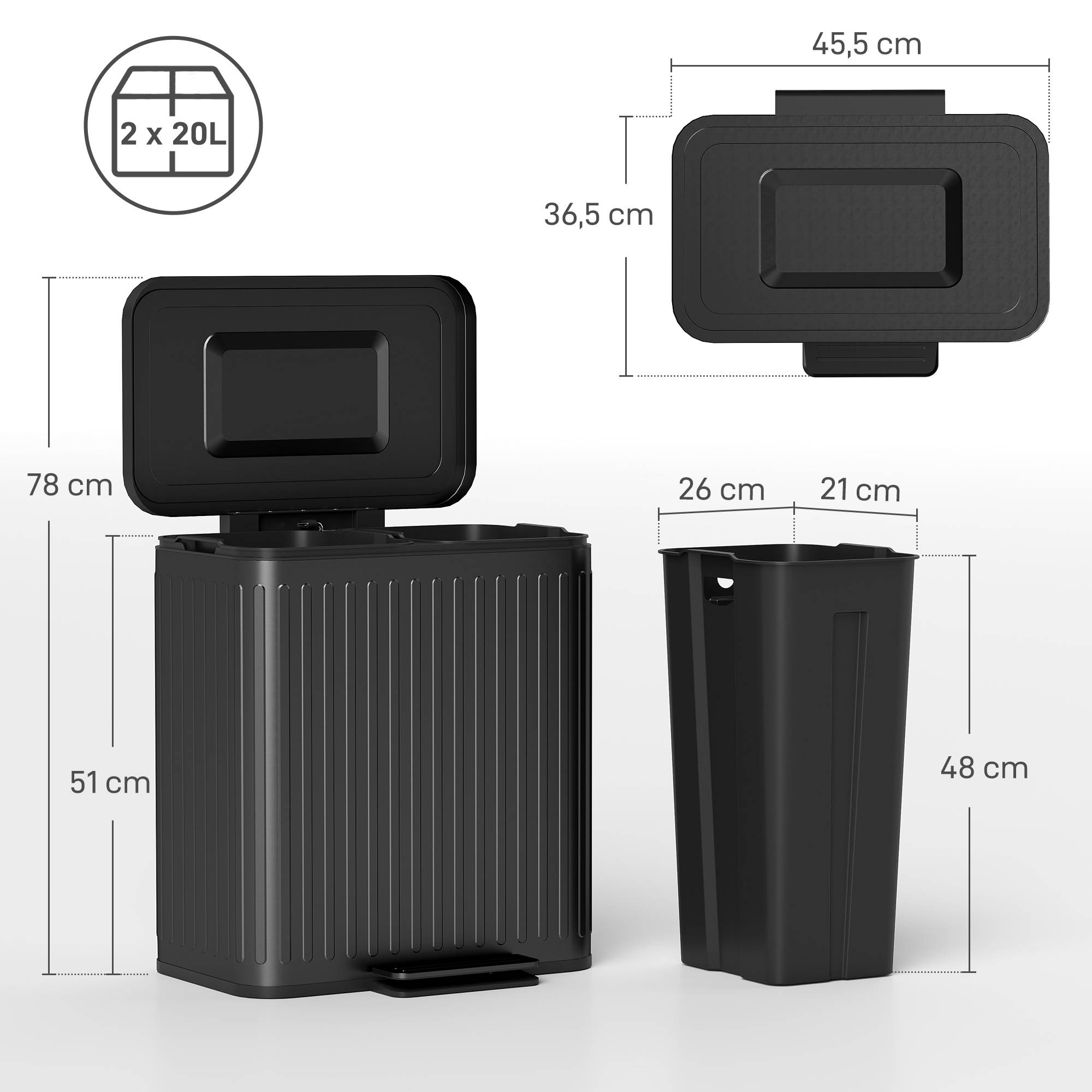 Sans Marque - Poubelle cuisine 2 compartiments 20 L tri sélectif efficace pédale plastique métal noire - Image 5