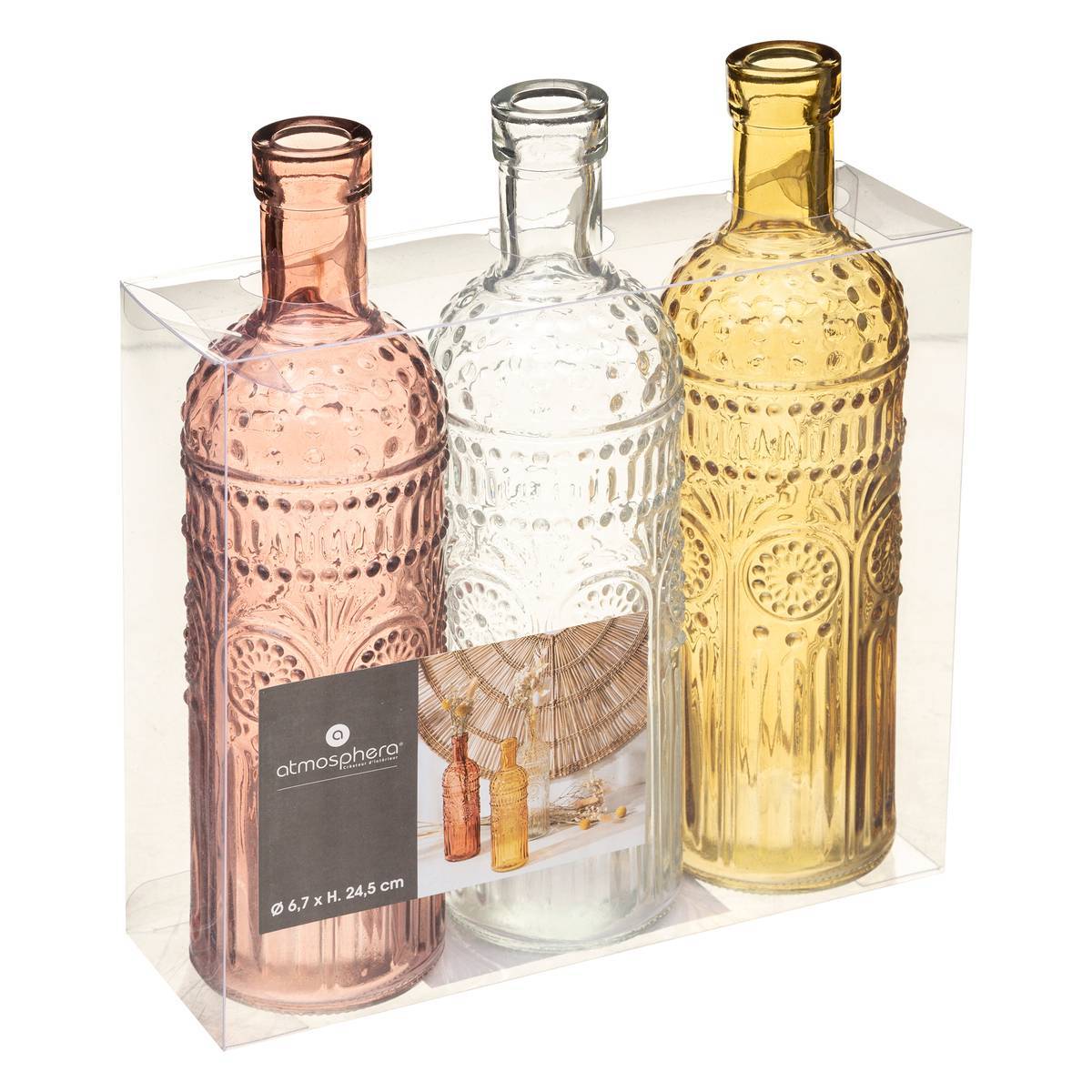 Atmosphera - Set de 3 bouteilles "Folk" verre D6,8cm - Atmosphera Créateur d'intérieur - Imagen 4